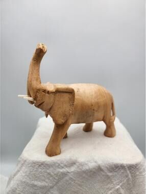 Hand Carved Wooden Elephant Figurine Statue with Trunk Up Lucky Home Decor P4